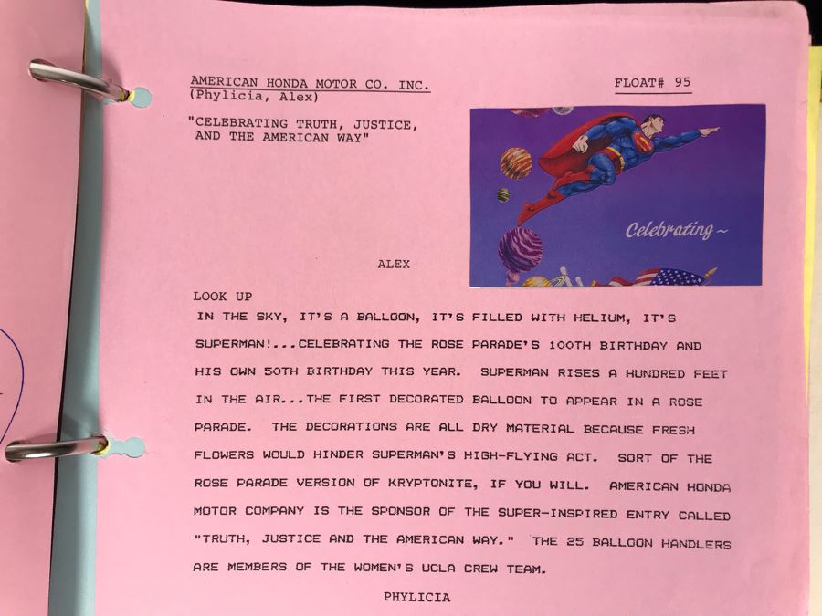 1989 NBC Tournament Of Roses Parade Binder With Script, Planning And Information Folder With Personalized Notes From Co-ordinating Producer And Official Souvenir Parade Program Hosted By Alex Trebek - See Photos For Small Sample [Photo 18]