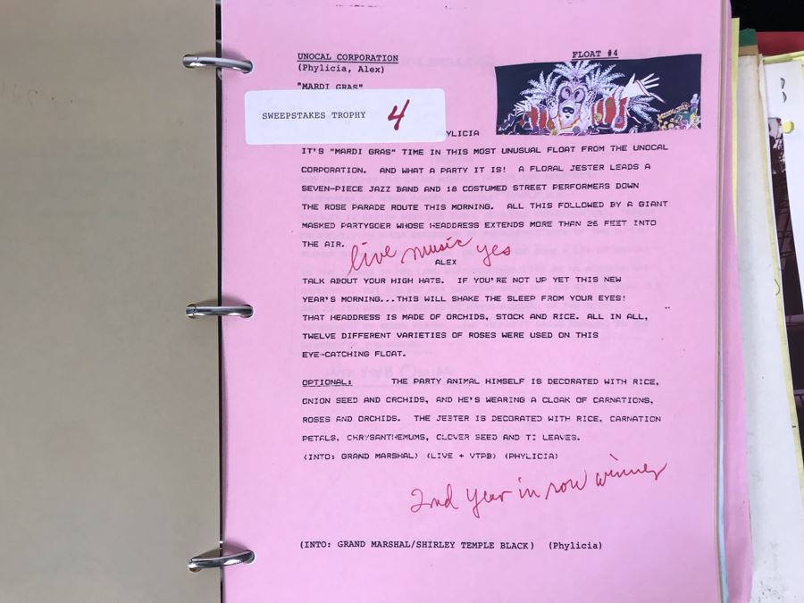 1989 NBC Tournament Of Roses Parade Binder With Script, Planning And Information Folder With Personalized Notes From Co-ordinating Producer And Official Souvenir Parade Program Hosted By Alex Trebek - See Photos For Small Sample [Photo 13]