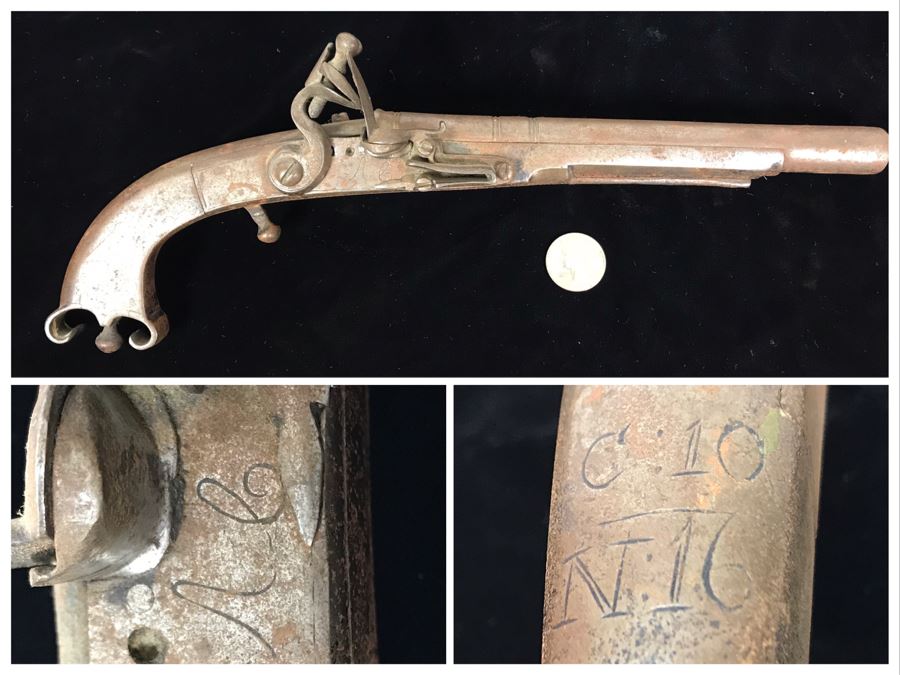 Antique Metal Flintlock Pistol Marked C:10 N:16 - 13'L [Photo 1]