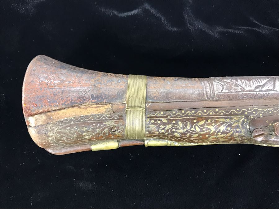Antique Ornate Turkish Blunderbuss Gun With Detailed Brass Inlay Work 16'L [Photo 17]