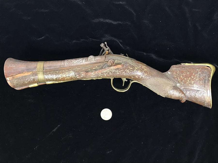 Antique Ornate Turkish Blunderbuss Gun With Detailed Brass Inlay Work 16'L [Photo 13]