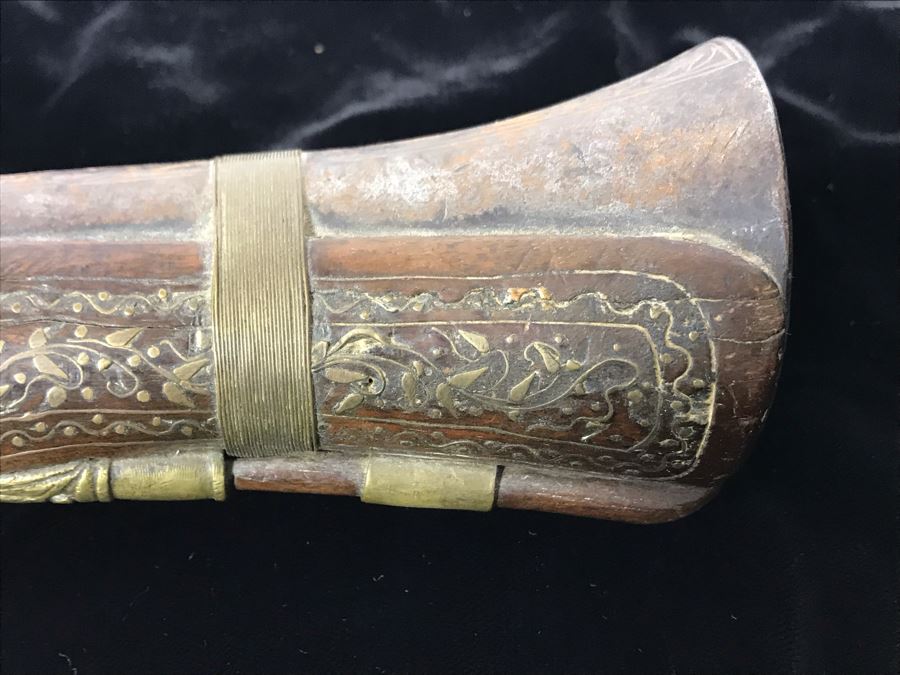 Antique Ornate Turkish Blunderbuss Gun With Detailed Brass Inlay Work 16'L [Photo 9]