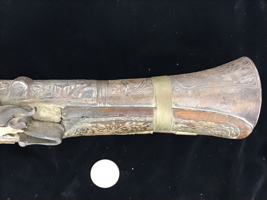 Antique Ornate Turkish Blunderbuss Gun With Detailed Brass Inlay Work 16'L [Photo 8]