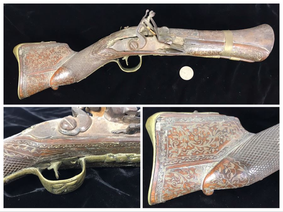 Antique Ornate Turkish Blunderbuss Gun With Detailed Brass Inlay Work 16'L