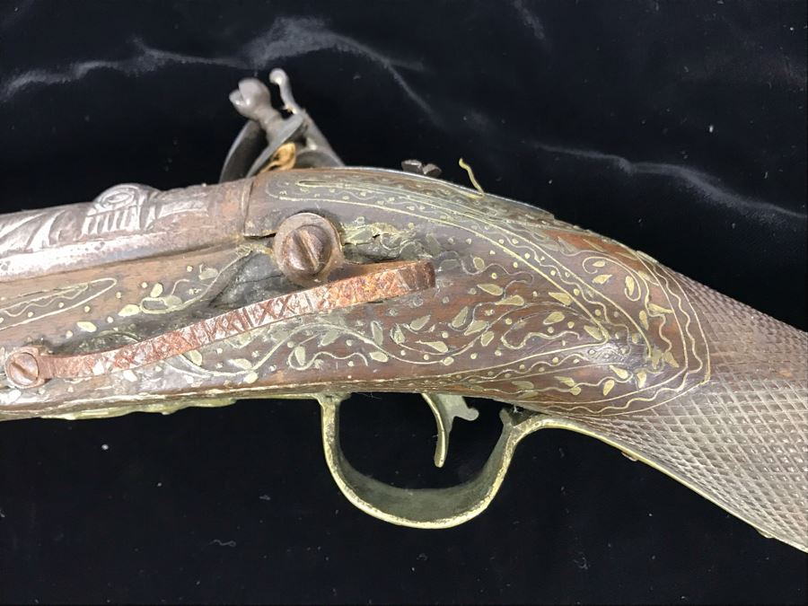 Antique Ornate Turkish Blunderbuss Gun With Detailed Brass Inlay Work 16'L [Photo 16]