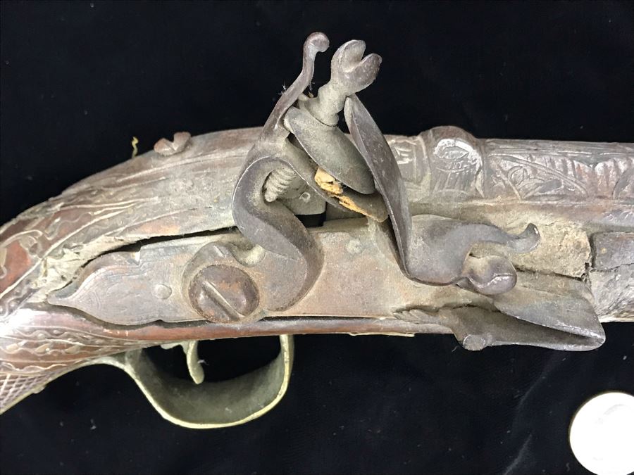 Antique Ornate Turkish Blunderbuss Gun With Detailed Brass Inlay Work 16'L [Photo 7]