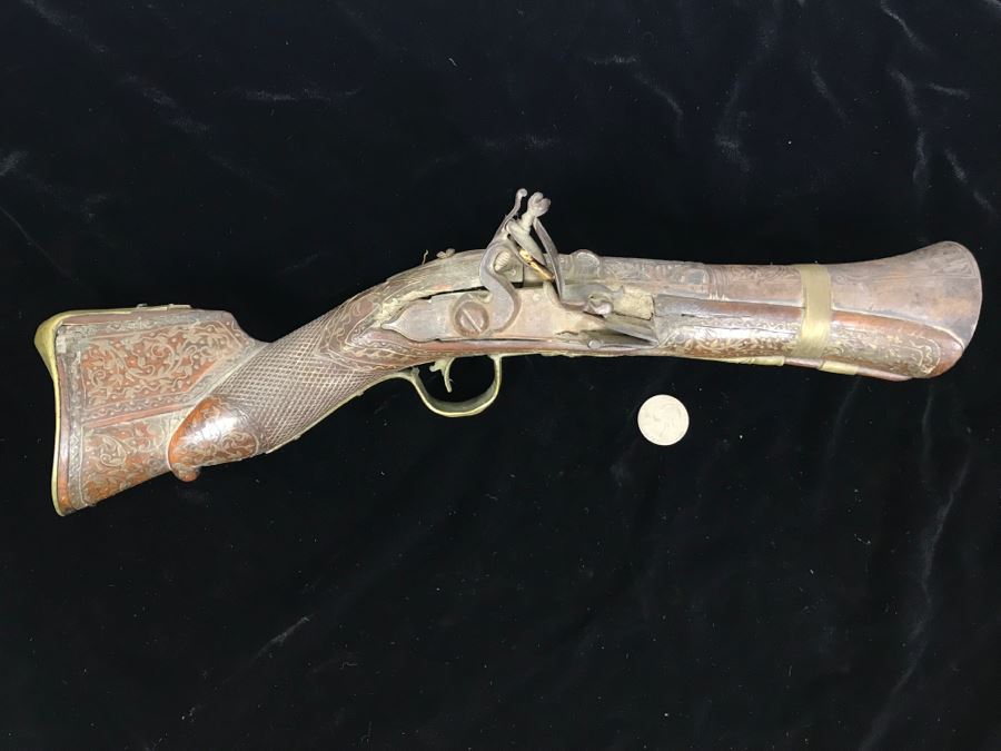 Antique Ornate Turkish Blunderbuss Gun With Detailed Brass Inlay Work 16'L [Photo 3]