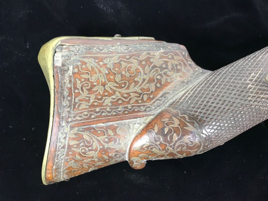 Antique Ornate Turkish Blunderbuss Gun With Detailed Brass Inlay Work 16'L [Photo 4]