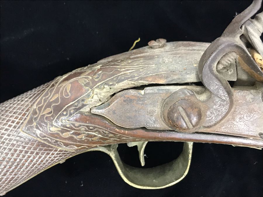 Antique Ornate Turkish Blunderbuss Gun With Detailed Brass Inlay Work 16'L [Photo 6]