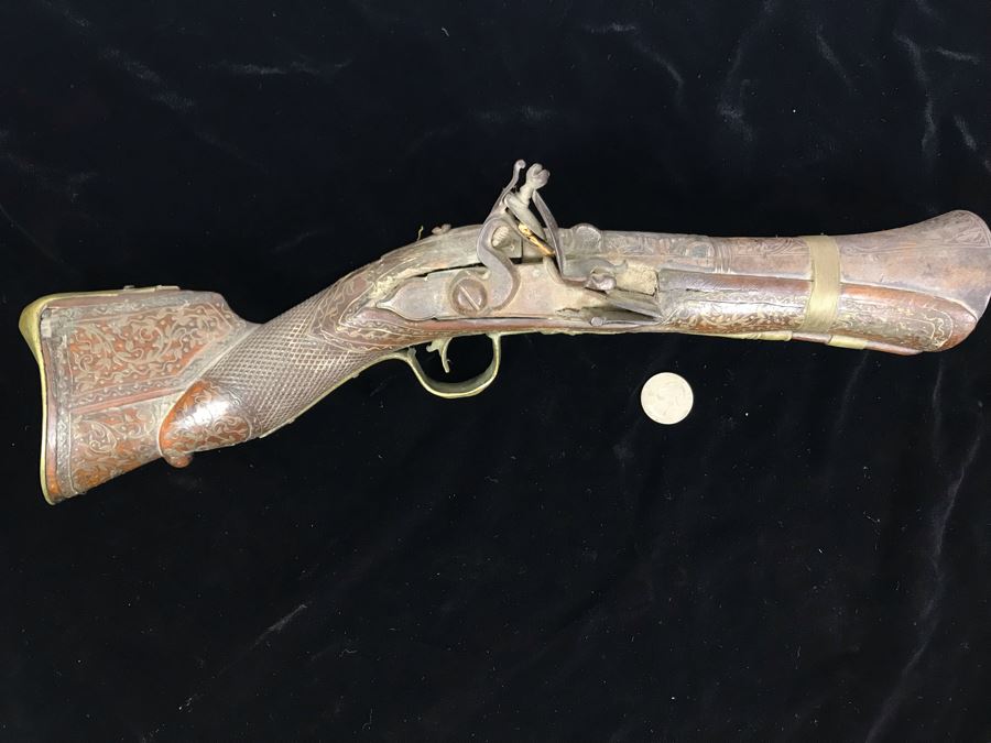 Antique Ornate Turkish Blunderbuss Gun With Detailed Brass Inlay Work 16'L [Photo 2]