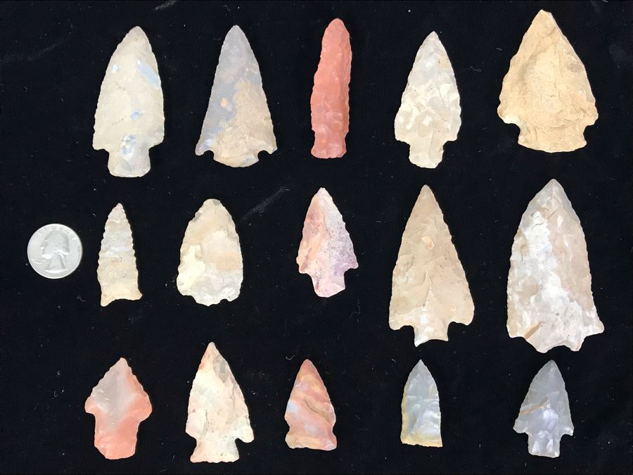 Collection Of (15) Authentic Native American Indian Hand Carved Stone Arrowheads