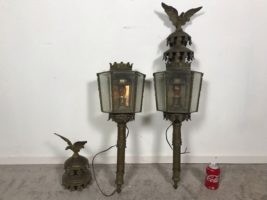 Pair Of Vintage Ornate Brass Wall Sconces Light Fixtures With Eagle Finials (One Finial Needs To Be Reattached) [Photo 2]