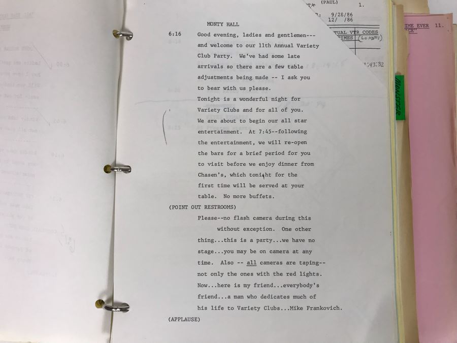 Original Script For NBC TV Special 'All-Star Party For Clint Eastwood' 1986 Plus Binder Filled With Planning, Information And Handwritten Notes - See Photos For Small Sample [Photo 10]