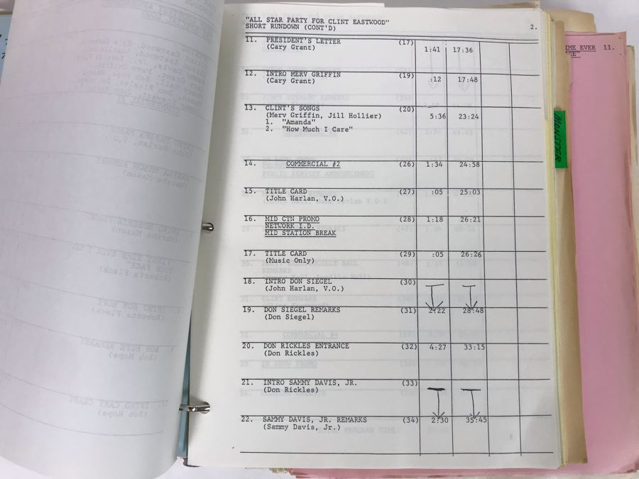 Original Script For NBC TV Special 'All-Star Party For Clint Eastwood' 1986 Plus Binder Filled With Planning, Information And Handwritten Notes - See Photos For Small Sample [Photo 8]