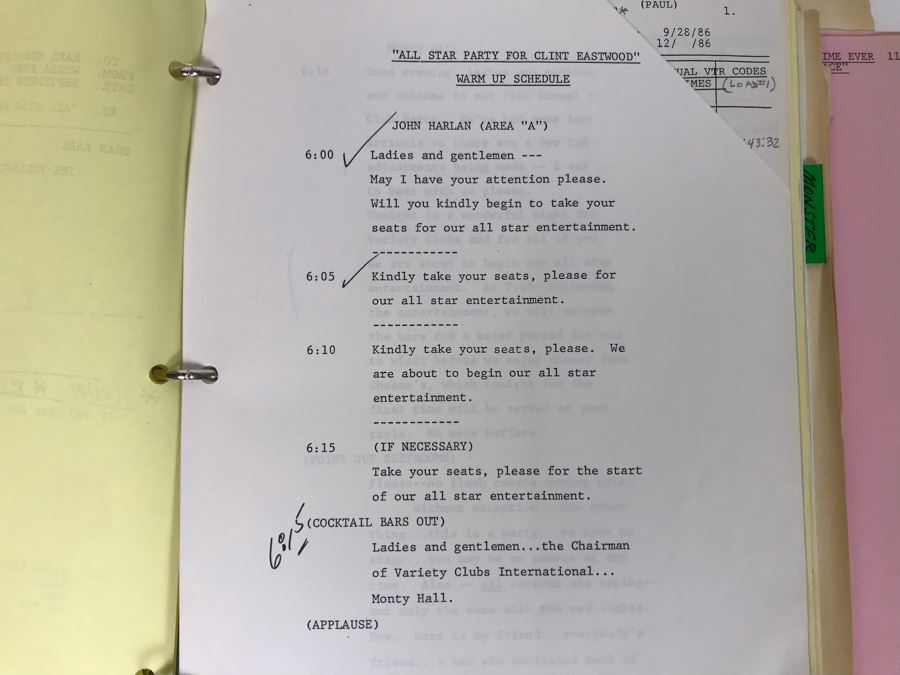 Original Script For NBC TV Special 'All-Star Party For Clint Eastwood' 1986 Plus Binder Filled With Planning, Information And Handwritten Notes - See Photos For Small Sample [Photo 9]