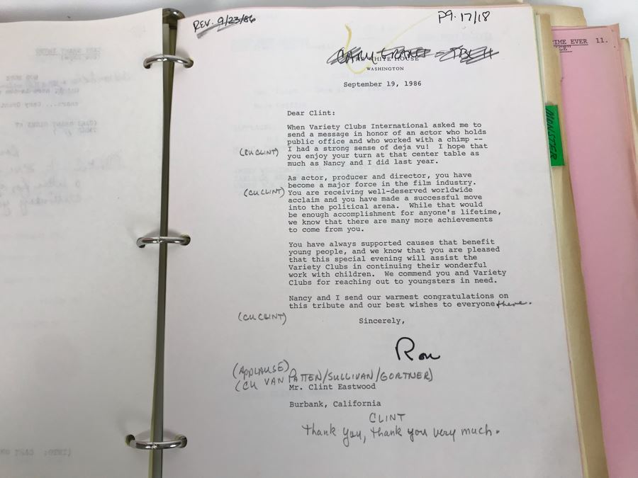 Original Script For NBC TV Special 'All-Star Party For Clint Eastwood' 1986 Plus Binder Filled With Planning, Information And Handwritten Notes - See Photos For Small Sample [Photo 11]