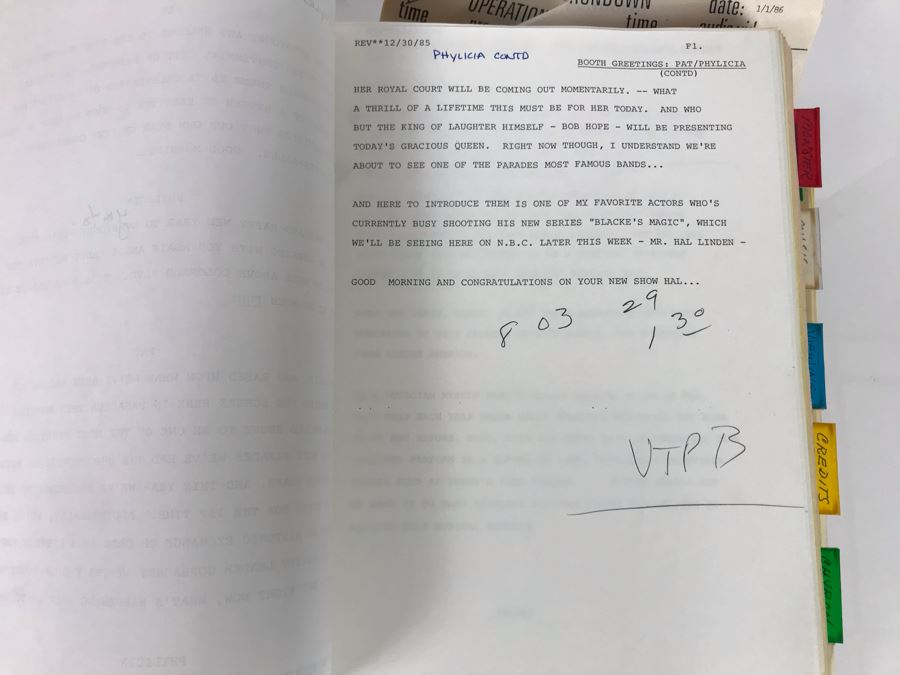 Original Script For NBC TVs 1986 Tournament Of Roses Parade A Celebration Of Laughter Filled With Planning, Information, Handwritten Notes And Official Program - See Photos For Small Sample [Photo 12]