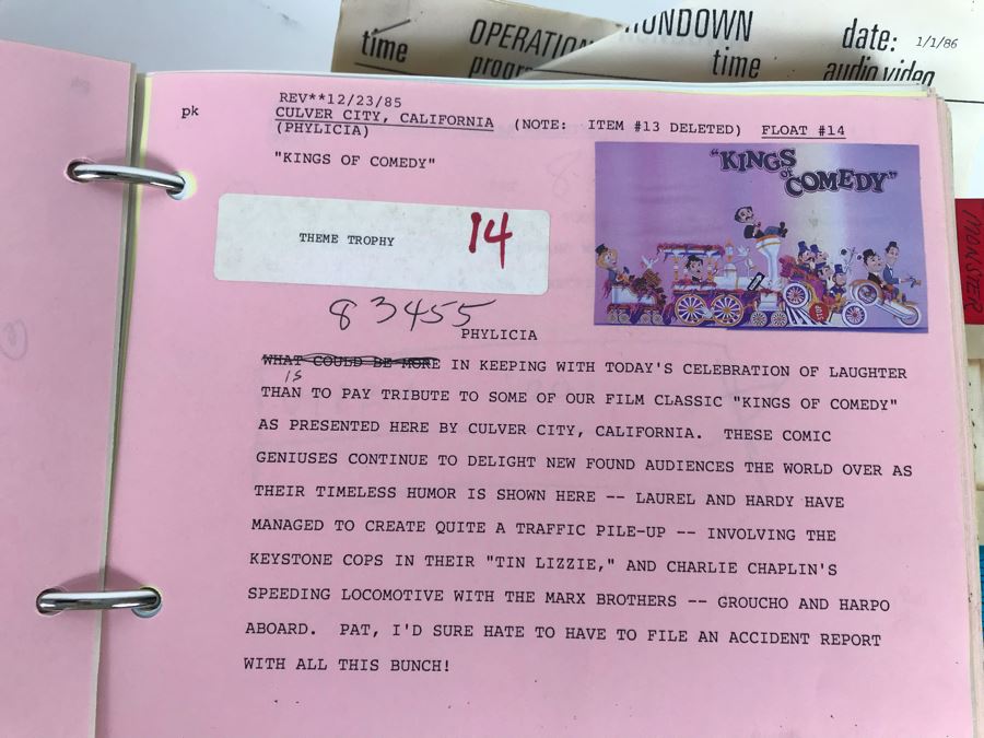 Original Script For NBC TVs 1986 Tournament Of Roses Parade A Celebration Of Laughter Filled With Planning, Information, Handwritten Notes And Official Program - See Photos For Small Sample [Photo 14]