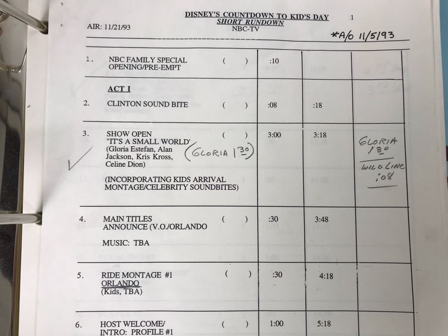 Original Script For NBC TVs Disney's Countdown To Kid's Day NBC TV Special 11/21/93 Filled With Planning, Information And Handwritten Notes PLUS (4) Disneyland Mickey Mouse Club 'Kids Days' Posters - See Photos For Small Sample [Photo 9]