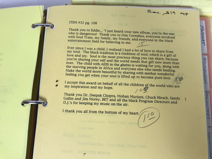 Original Script For The 7th Annual Soul Train Music Awards 1993 Filled With Planning, Information, Handwritten Notes - See Photos For Small Sample And Michael Jackson Speech From Script [Photo 17]