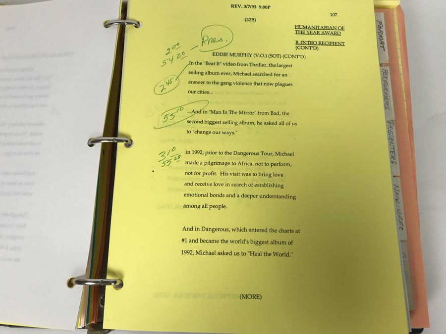 Original Script For The 7th Annual Soul Train Music Awards 1993 Filled With Planning, Information, Handwritten Notes - See Photos For Small Sample And Michael Jackson Speech From Script [Photo 15]