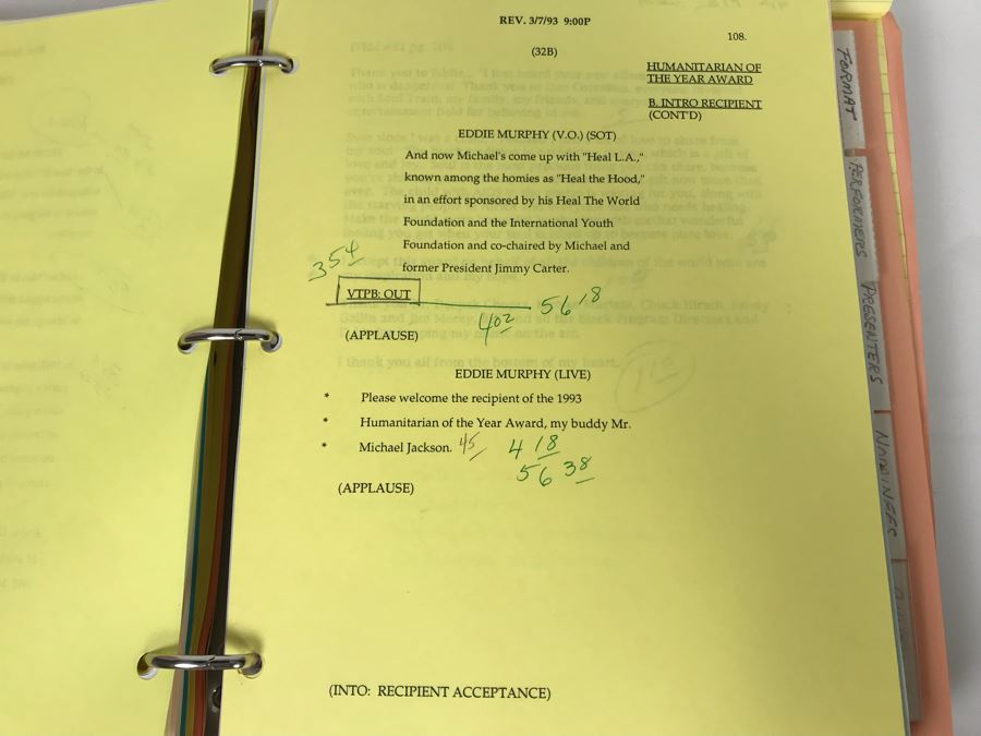 Original Script For The 7th Annual Soul Train Music Awards 1993 Filled With Planning, Information, Handwritten Notes - See Photos For Small Sample And Michael Jackson Speech From Script [Photo 16]