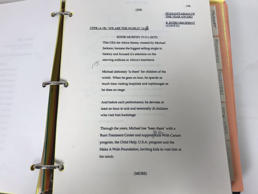 Original Script For The 7th Annual Soul Train Music Awards 1993 Filled With Planning, Information, Handwritten Notes - See Photos For Small Sample And Michael Jackson Speech From Script [Photo 14]