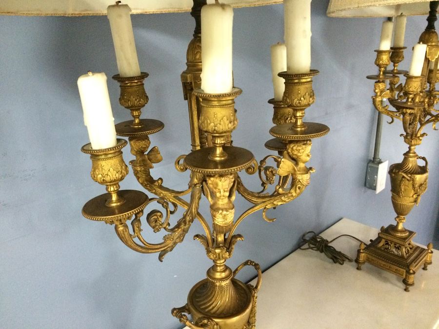 Stunning Pair of Ornate Dore? Gilded French Candelabra Lamps with Cherubs