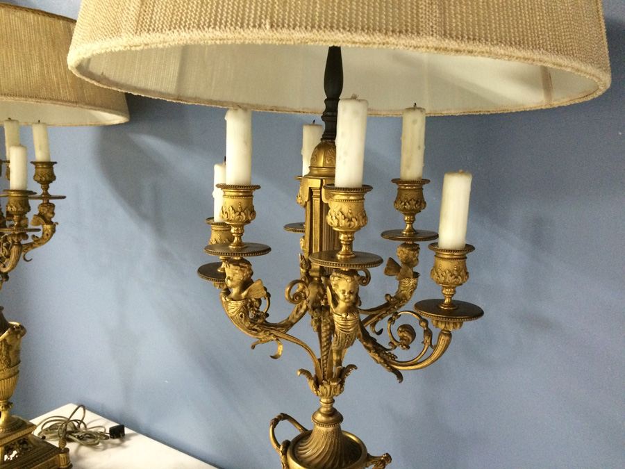 Stunning Pair of Ornate Dore? Gilded French Candelabra Lamps with Cherubs