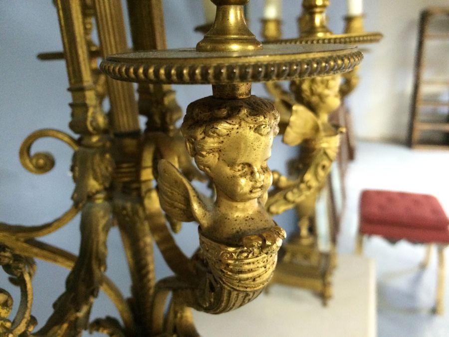 Stunning Pair of Ornate Dore? Gilded French Candelabra Lamps with Cherubs