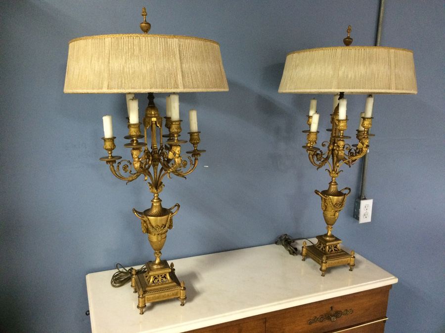 Stunning Pair of Ornate Dore? Gilded French Candelabra Lamps with Cherubs