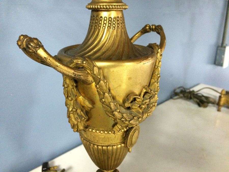 Stunning Pair of Ornate Dore? Gilded French Candelabra Lamps with Cherubs