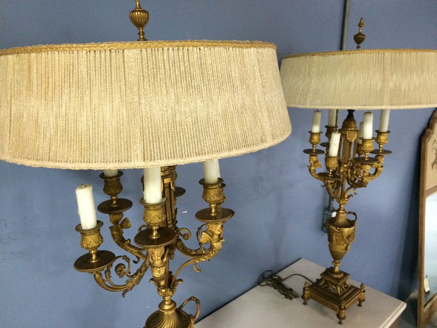 Stunning Pair of Ornate Dore? Gilded French Candelabra Lamps with Cherubs