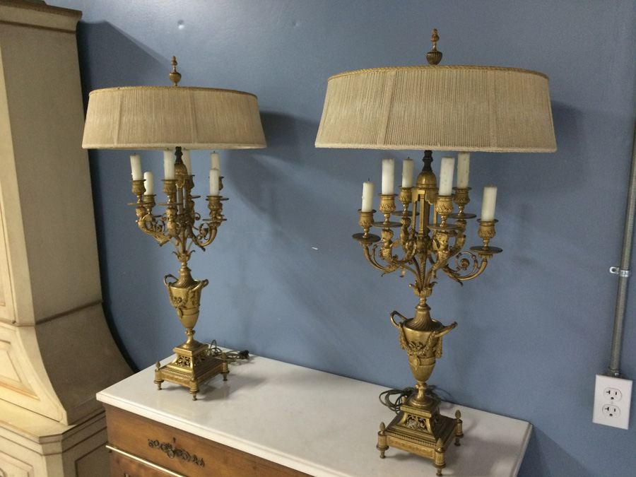 Stunning Pair of Ornate Dore? Gilded French Candelabra Lamps with Cherubs