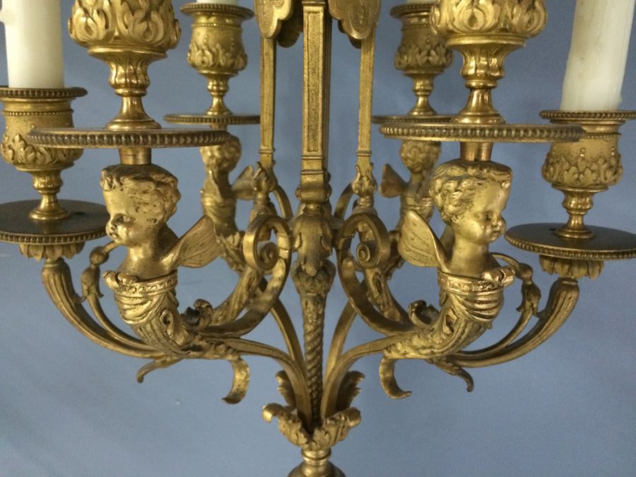 Stunning Pair of Ornate Dore? Gilded French Candelabra Lamps with Cherubs