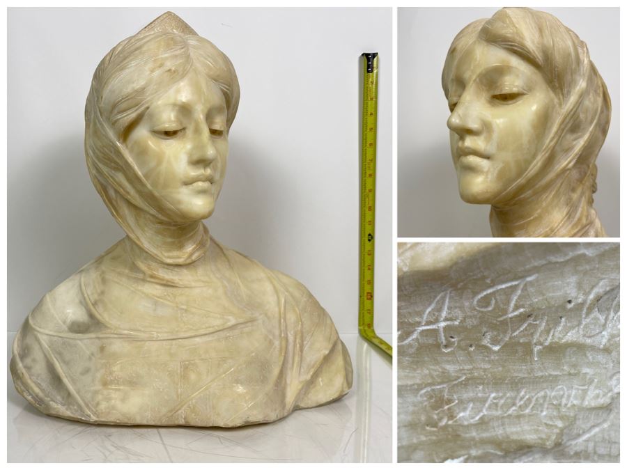 Professor Antonio Frilli Florentine Sculptor (Italian, 1860-1902) Antique Carved Alabaster Bust Masterpiece Sculpture Of Girl From Max Turner's Estate 19'H X 18'W X 10'D 72lbs