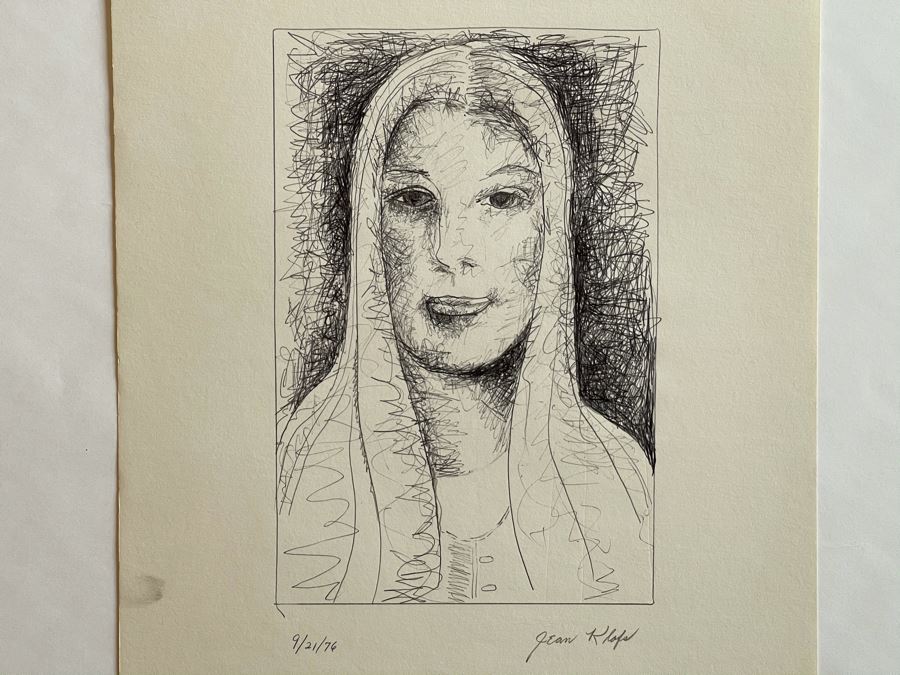 Original Jean Klafs Ink Portrait Drawing On Paper 1976 11 X 14
