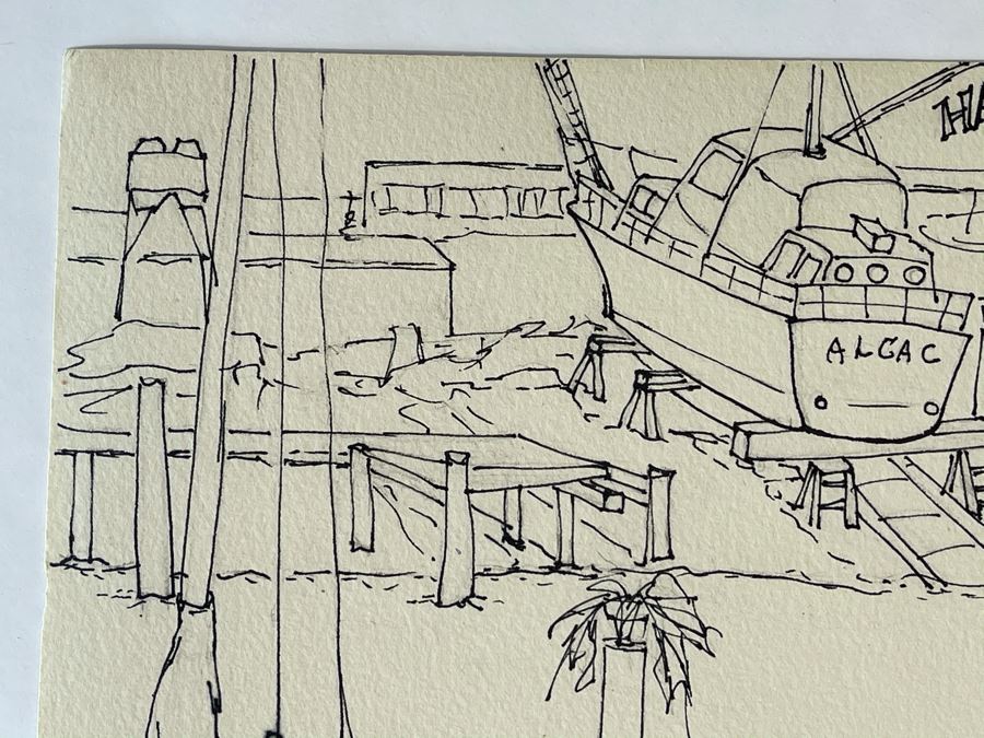 Original Jean Klafs Ink Drawing On Paper Nautical Harbor Ships Hans Dickman Boat Works Newport Beach CA 18 X 12 [Photo 4]
