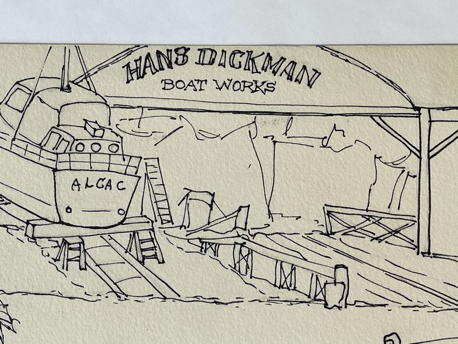 Original Jean Klafs Ink Drawing On Paper Nautical Harbor Ships Hans Dickman Boat Works Newport Beach CA 18 X 12 [Photo 3]