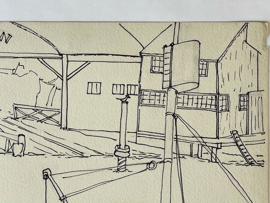 Original Jean Klafs Ink Drawing On Paper Nautical Harbor Ships Hans Dickman Boat Works Newport Beach CA 18 X 12 [Photo 7]