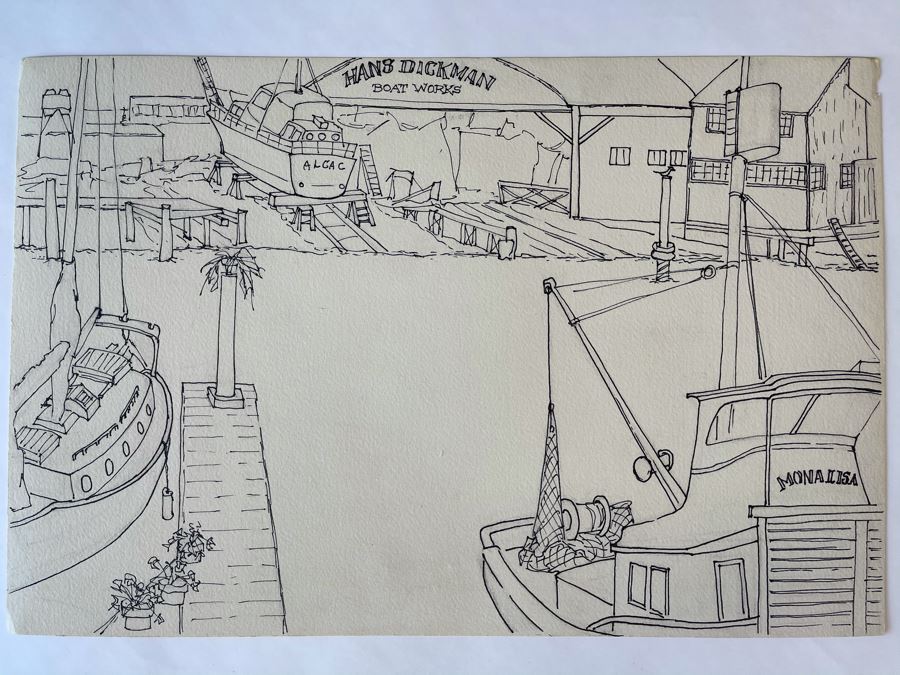 Original Jean Klafs Ink Drawing On Paper Nautical Harbor Ships Hans Dickman Boat Works Newport Beach CA 18 X 12 [Photo 1]