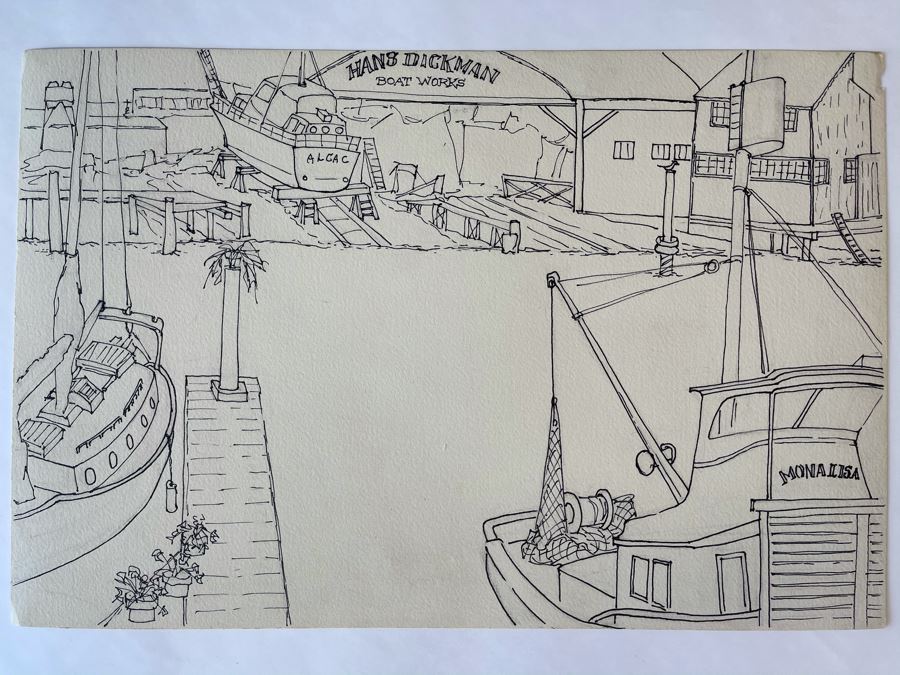 Original Jean Klafs Ink Drawing On Paper Nautical Harbor Ships Hans Dickman Boat Works Newport Beach CA 18 X 12 [Photo 2]