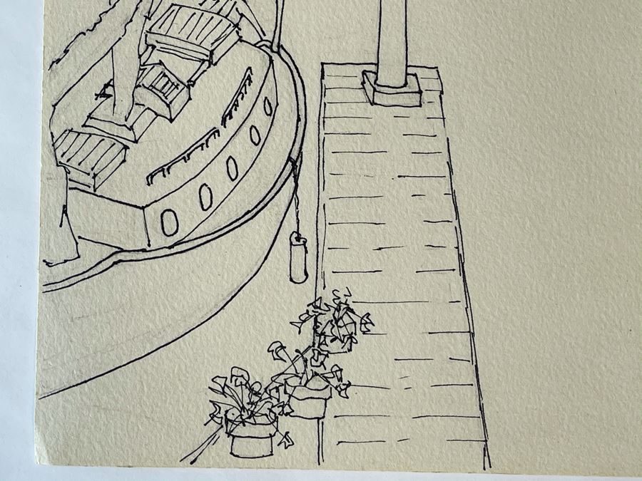 Original Jean Klafs Ink Drawing On Paper Nautical Harbor Ships Hans Dickman Boat Works Newport Beach CA 18 X 12 [Photo 5]
