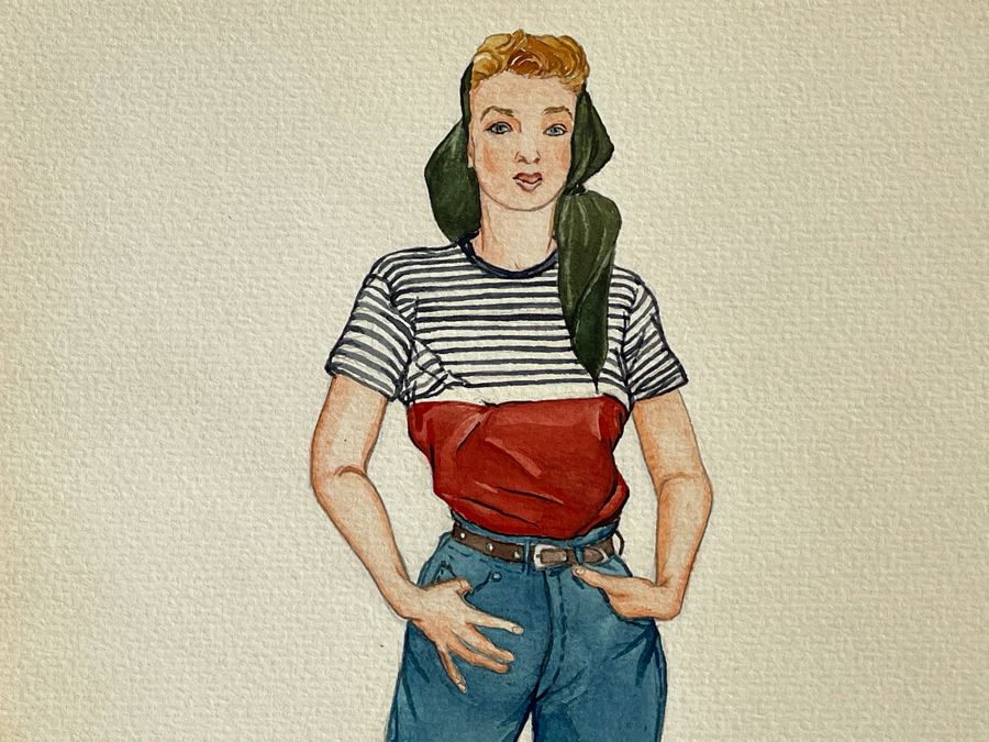 Pair Of Original 1951 Mid-Century Jean Klafs Drawings Portrait Illustration Paintings On Paper 9 X 11.5 [Photo 4]