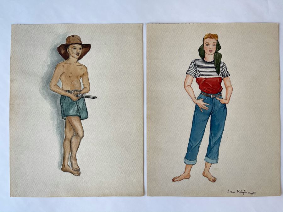 Pair Of Original 1951 Mid-Century Jean Klafs Drawings Portrait Illustration Paintings On Paper 9 X 11.5 [Photo 2]