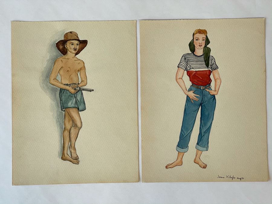 Pair Of Original 1951 Mid-Century Jean Klafs Drawings Portrait Illustration Paintings On Paper 9 X 11.5 [Photo 3]