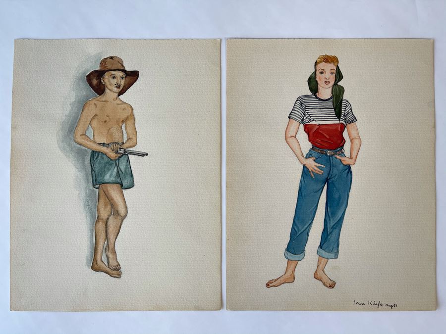 Pair Of Original 1951 Mid-Century Jean Klafs Drawings Portrait Illustration Paintings On Paper 9 X 11.5 [Photo 1]