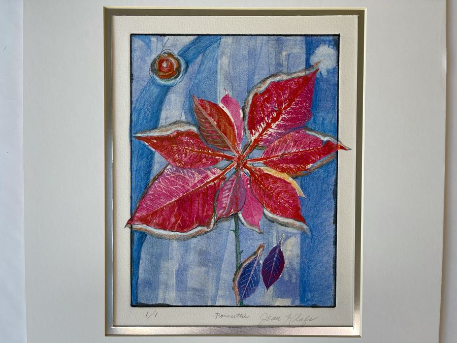 Original Jean Klafs Abstract Expressionist Monotype On Paper Titled 'Poinsettia' 18 X 21