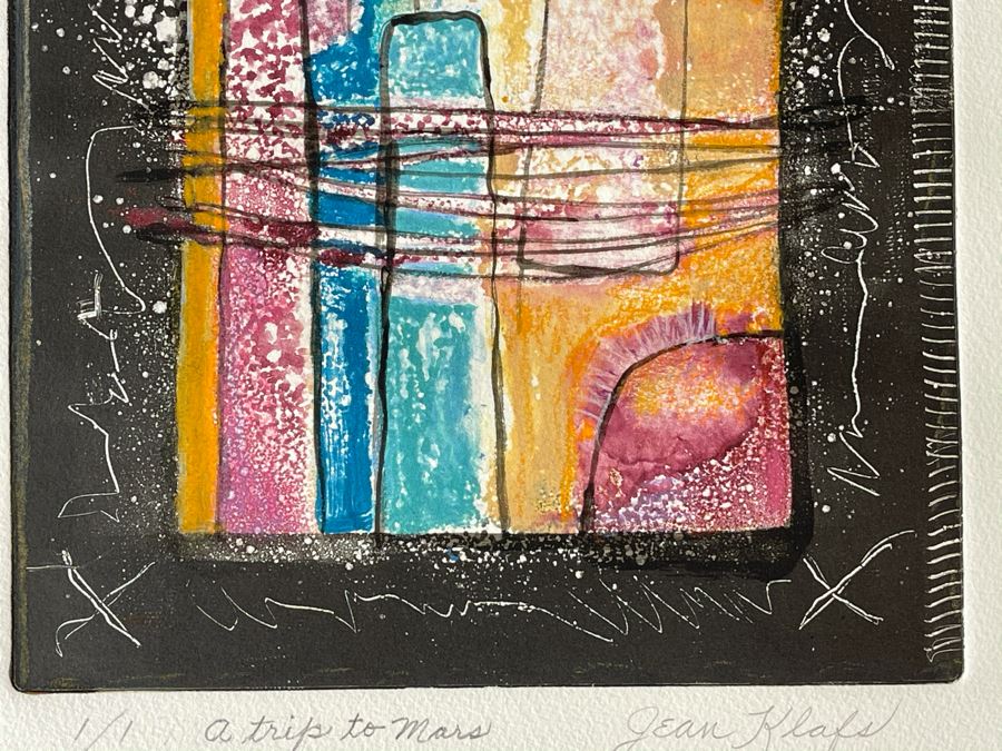 Original Jean Klafs Abstract Expressionist Monotype On Paper Titled 'A Trip To Mars' 18 X 21 [Photo 8]