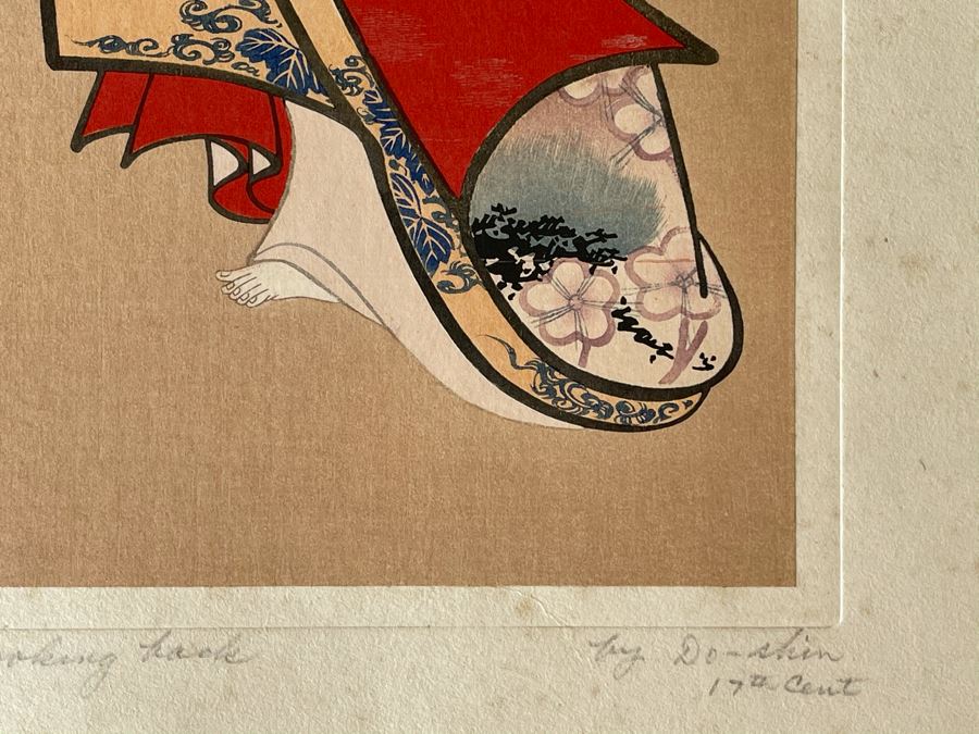 Original 1st Edition 1906 Japanese Woodblock Print By 17th Century Japanese Artist Do-Shin Titled 'A Lady Looking Back' 11 X 19 [Photo 8]
